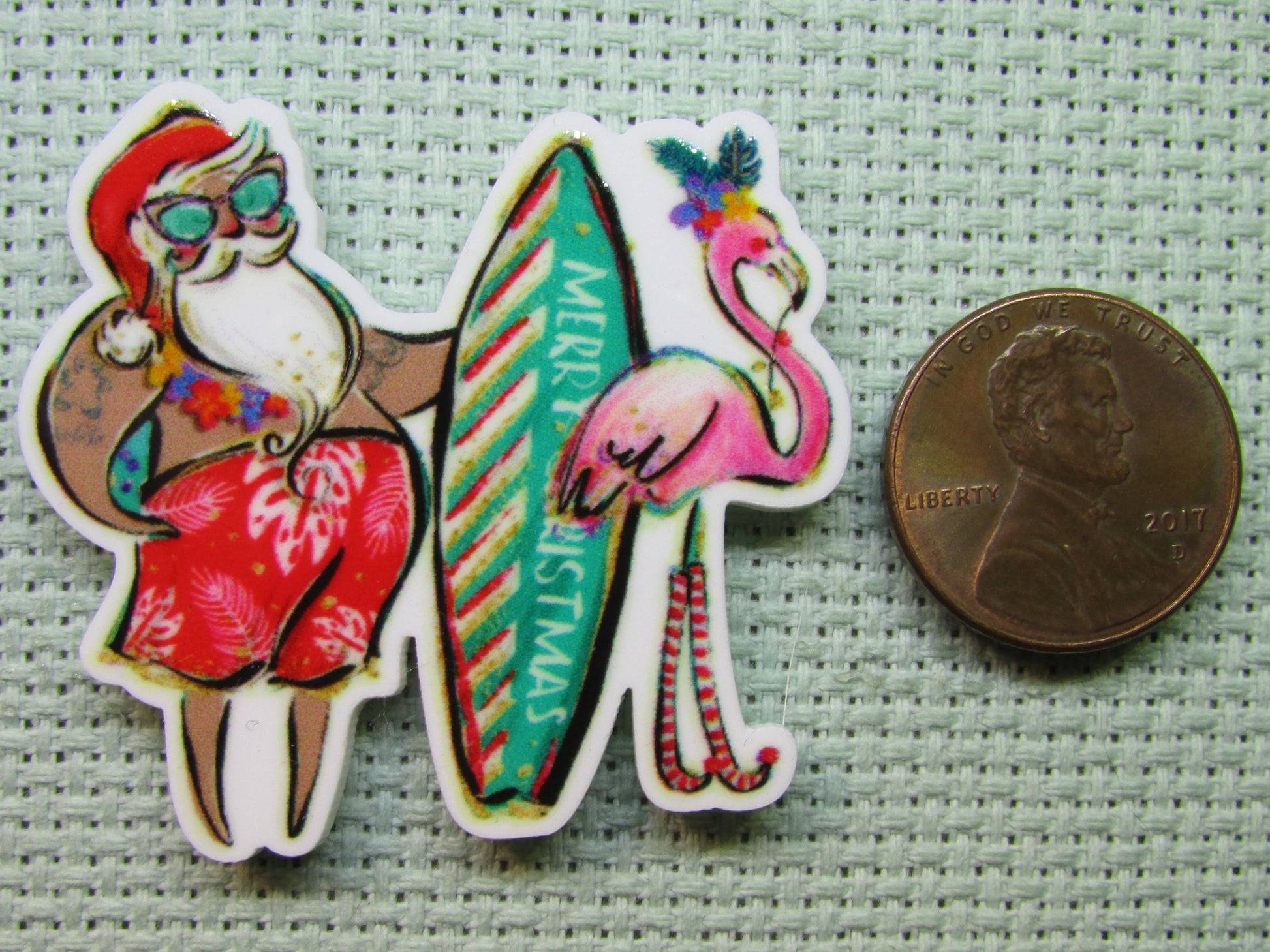 Second view of the Surfing Santa with a Flamingo Needle Minder