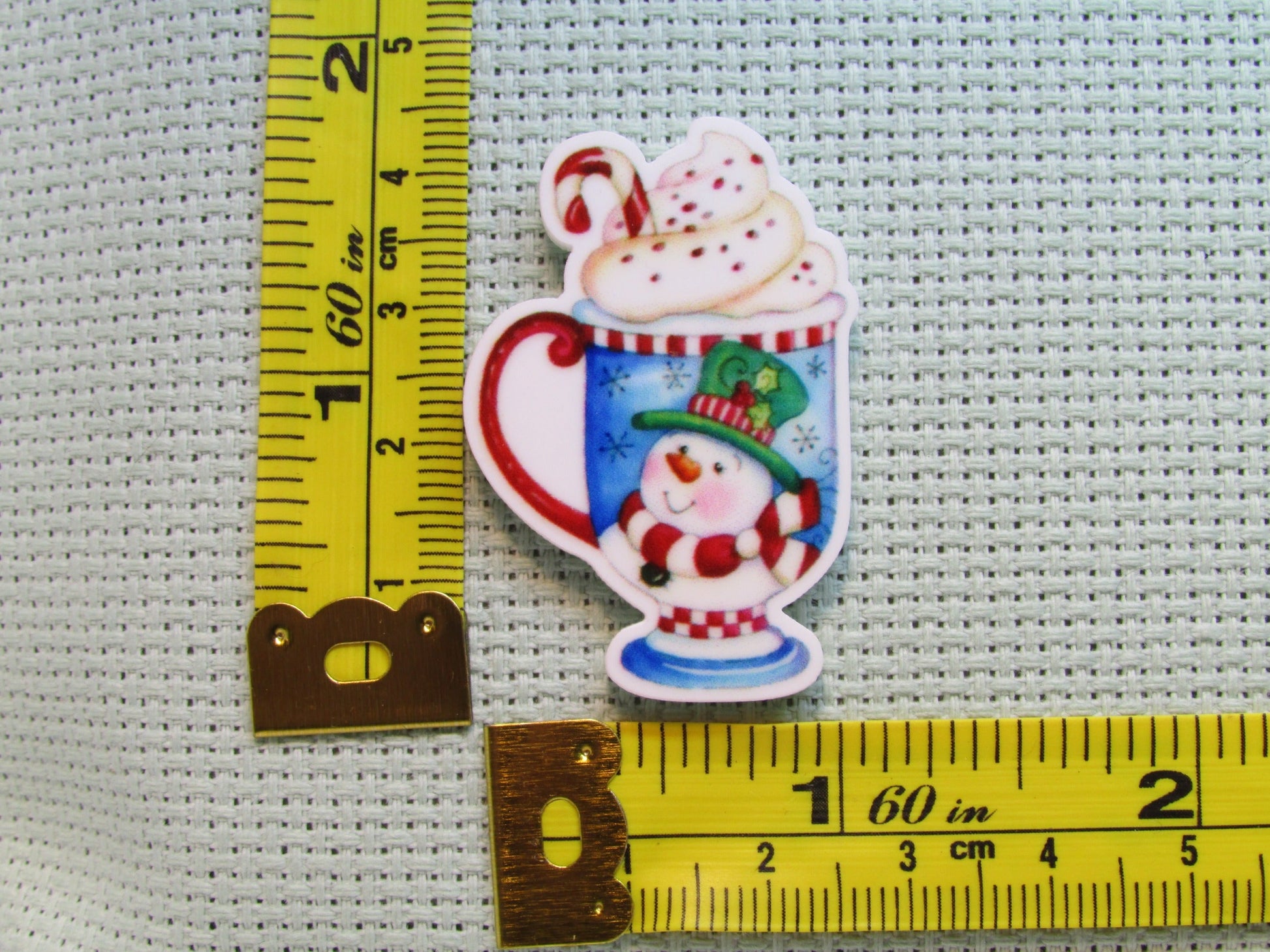 Third view of the Snowman Christmas Mug of Cocoa Needle Minder