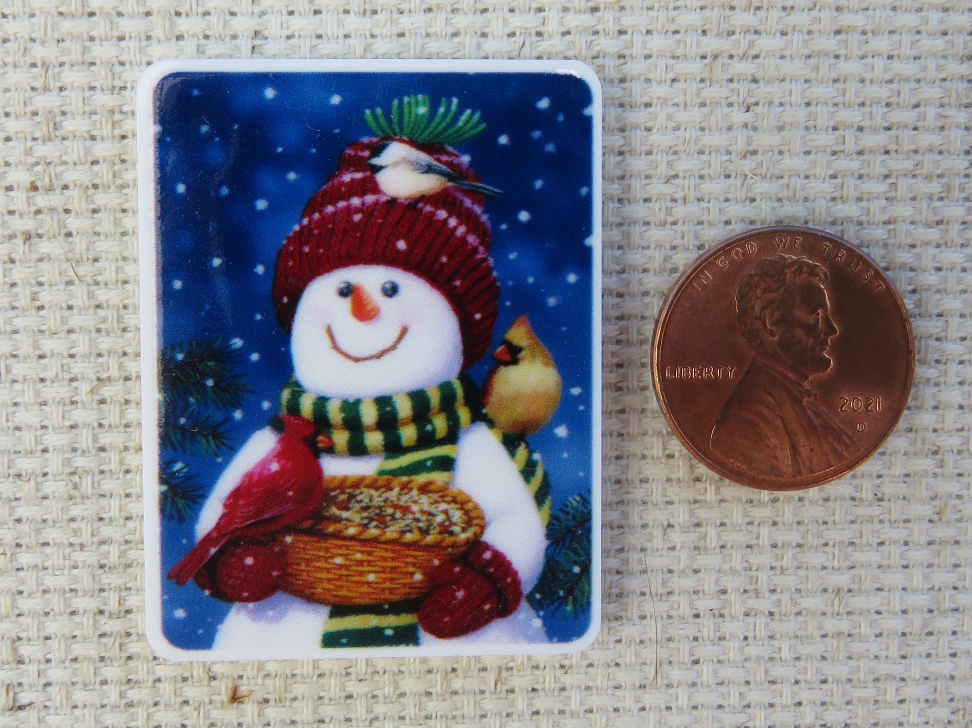 Second view of Bird Loving Snowman Needle Minder.