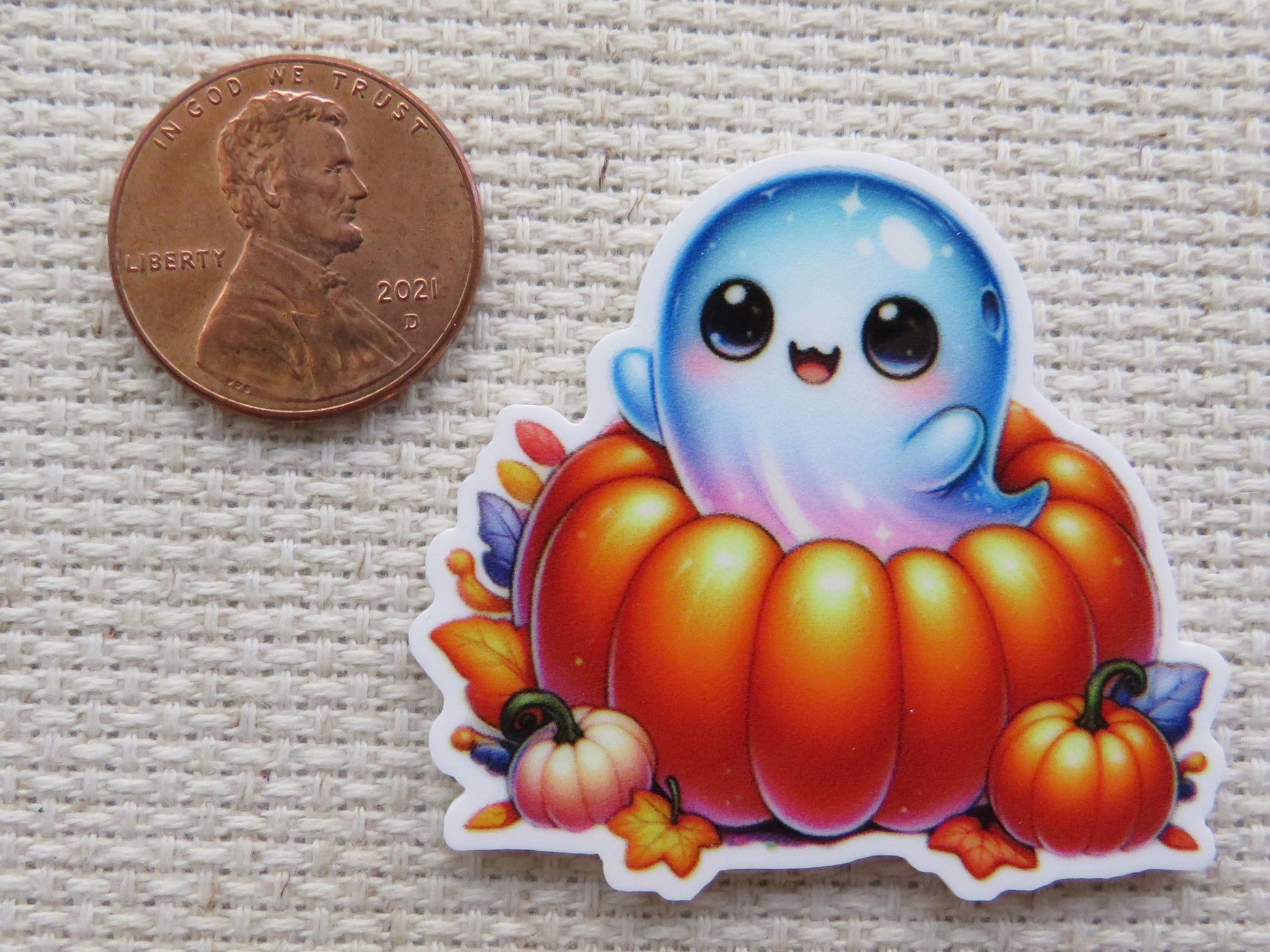 Second view of Ghost in a Pumpkin Needle Minder.