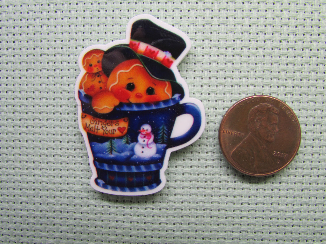 First view of the Gingerbread Man Peeking Out of a Snowman Mug Needle Minder