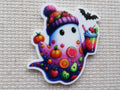 First view of White and purple ghost with fruit slices, a pumpkin, tomato, apple, an avocado...just to name a few and he is holding a cool looking drink minder.