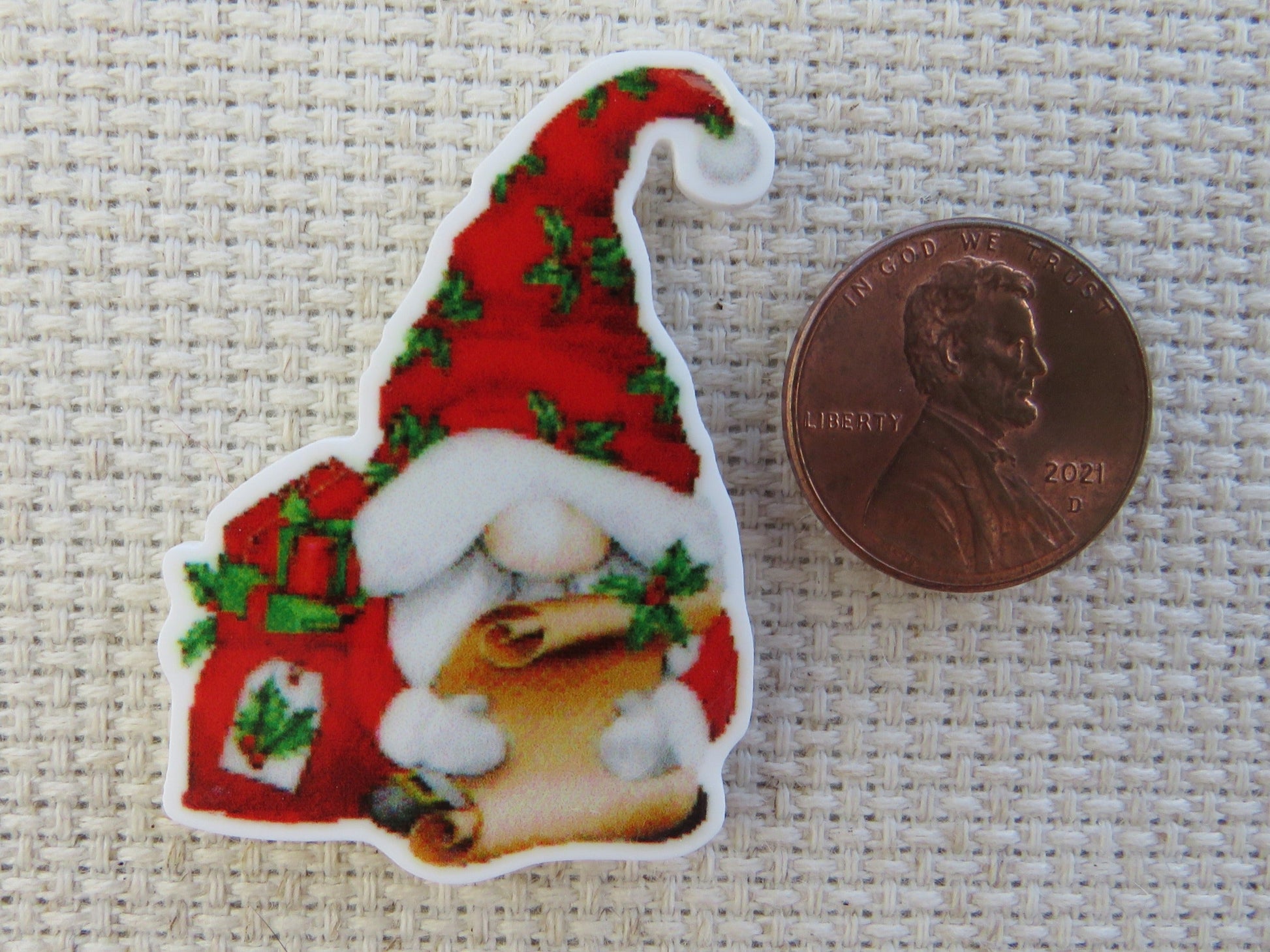 Second view of Christmas Gnome Checking his List Needle Minder.