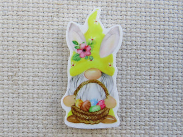 First view of Yellow Gnome with an Easter Basket Needle Minder.