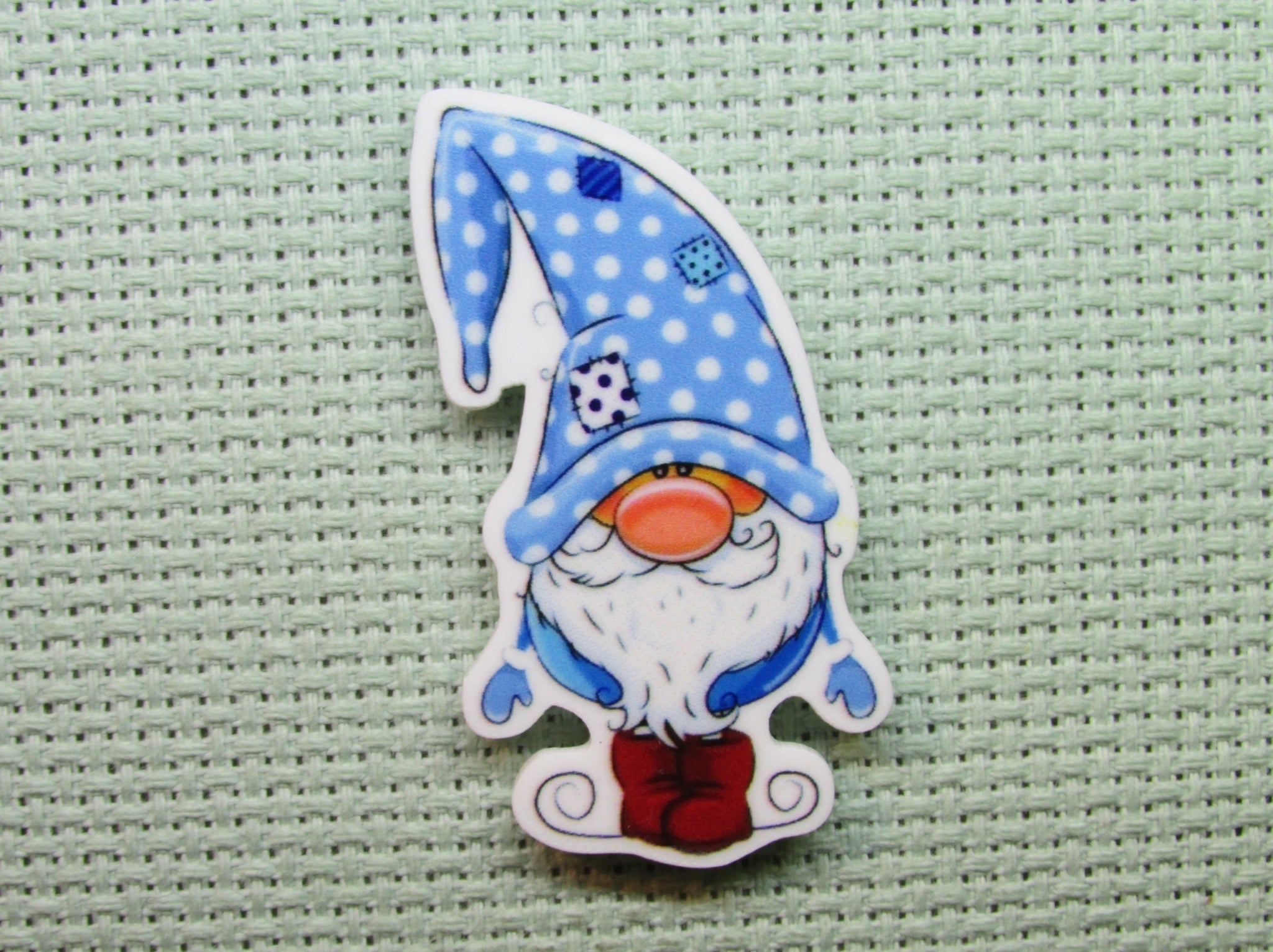 First view of the Blue and White Polka Dot Gnome Needle Minder