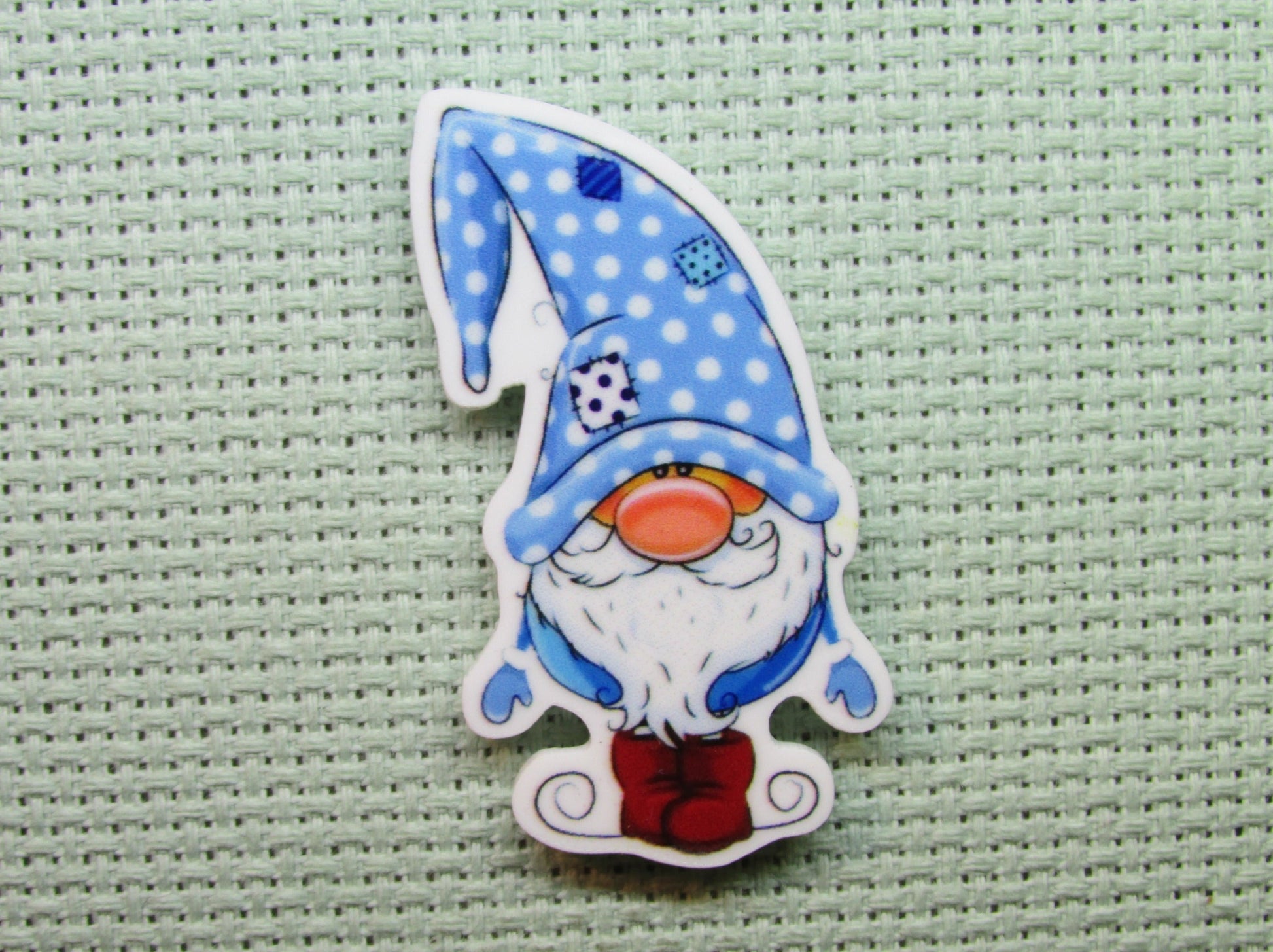 First view of the Blue and White Polka Dot Gnome Needle Minder