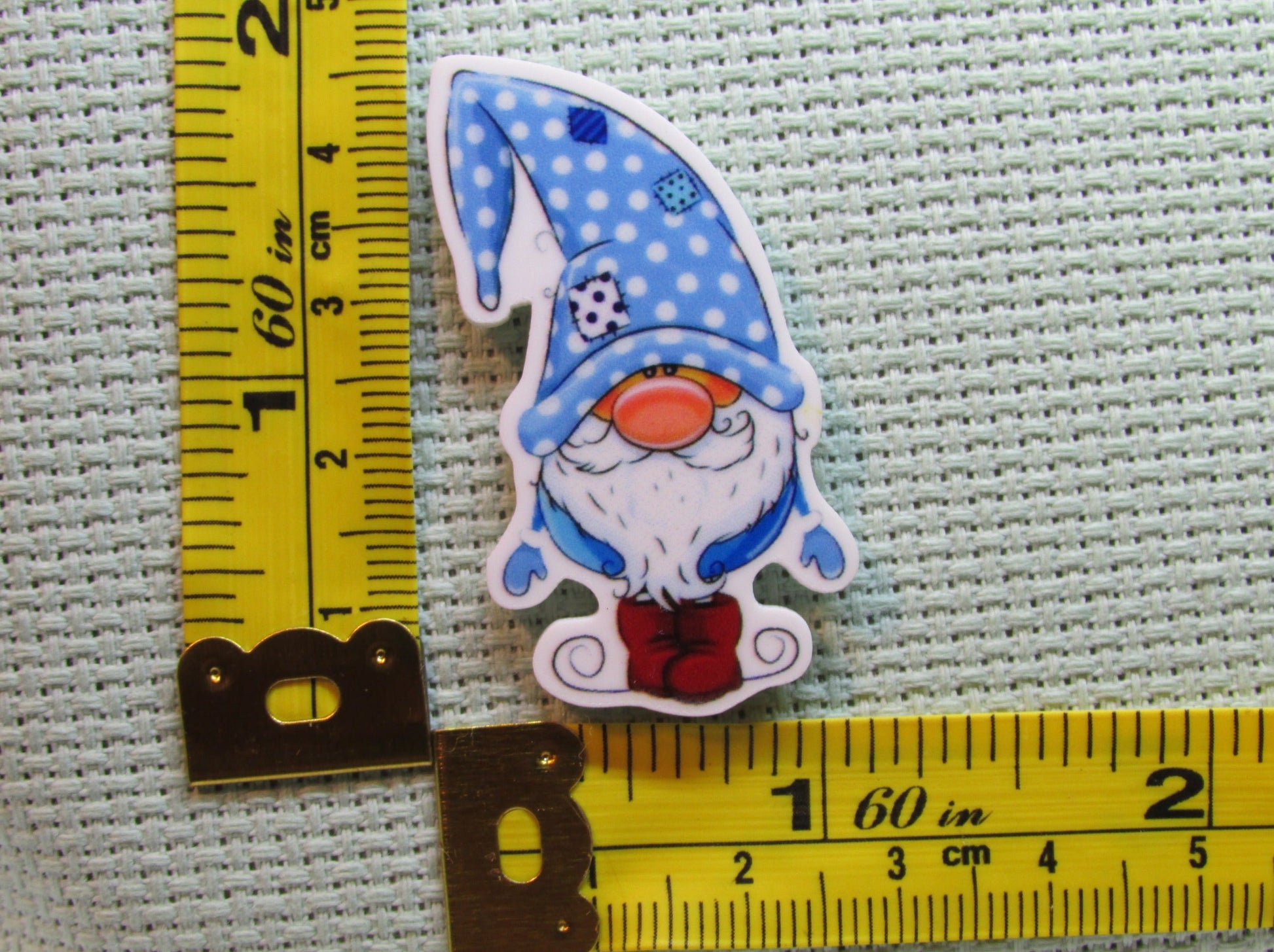 Third view of the Blue and White Polka Dot Gnome Needle Minder