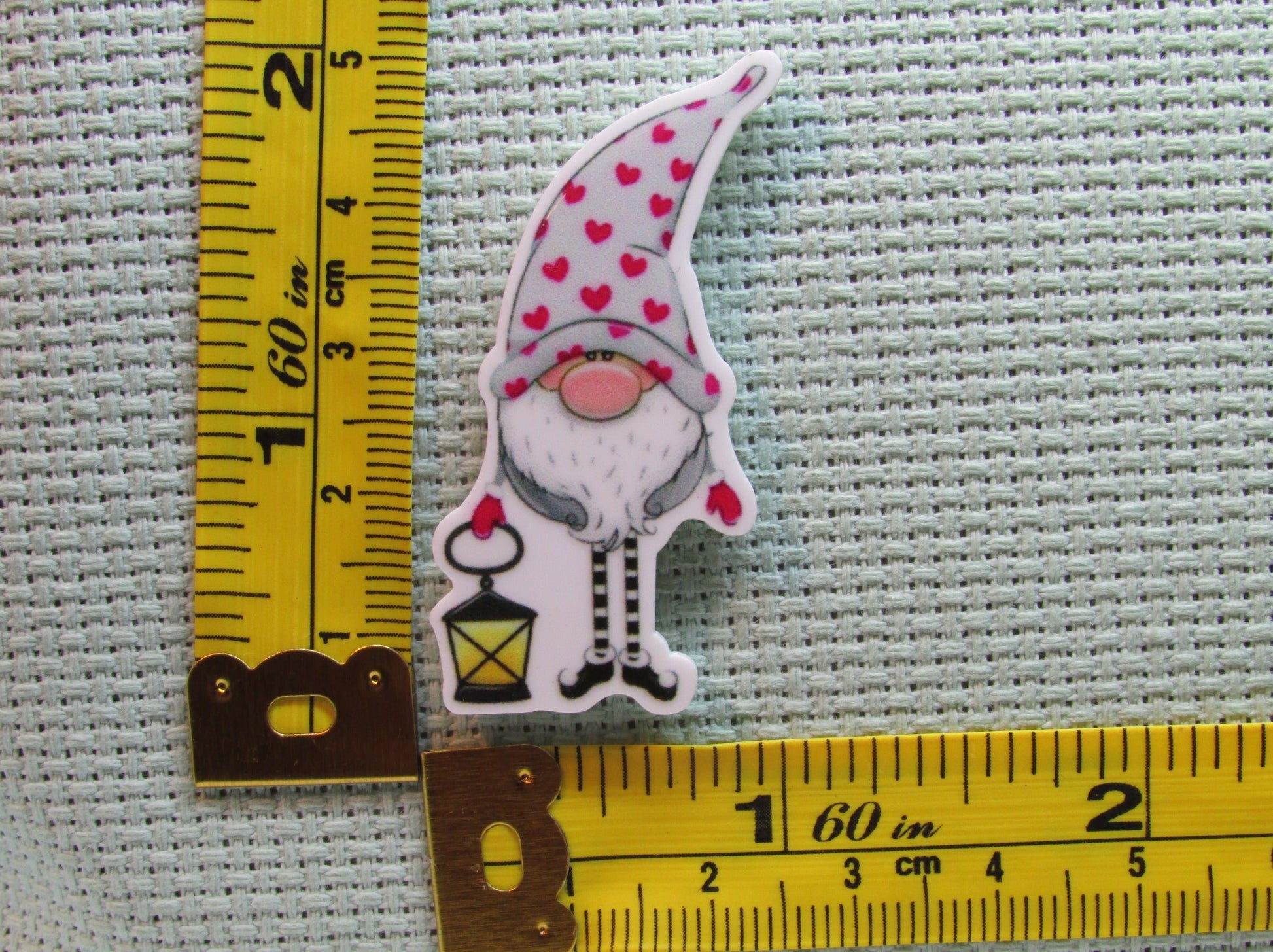 Third view of the Grey with Red Hearts Gnome Needle Minder