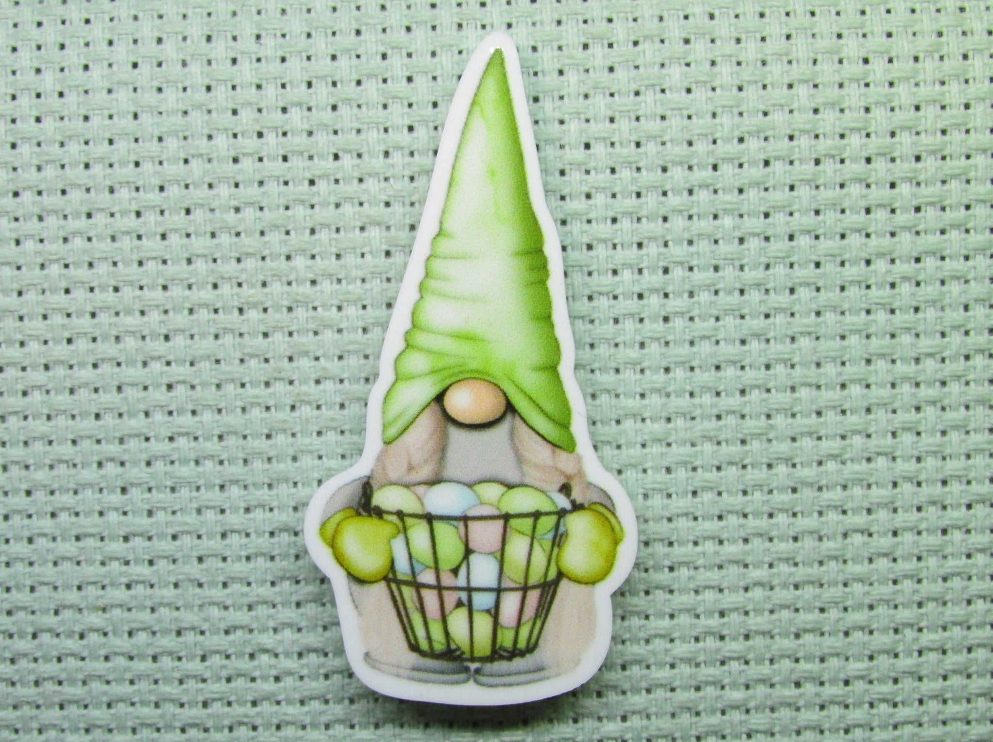 First view of the Green Gnome with A Basket Full of Easter Eggs Needle Minder