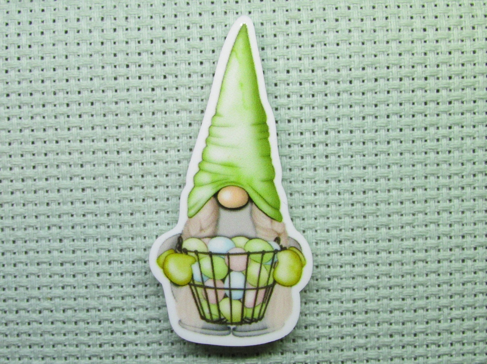 First view of the Green Gnome with A Basket Full of Easter Eggs Needle Minder