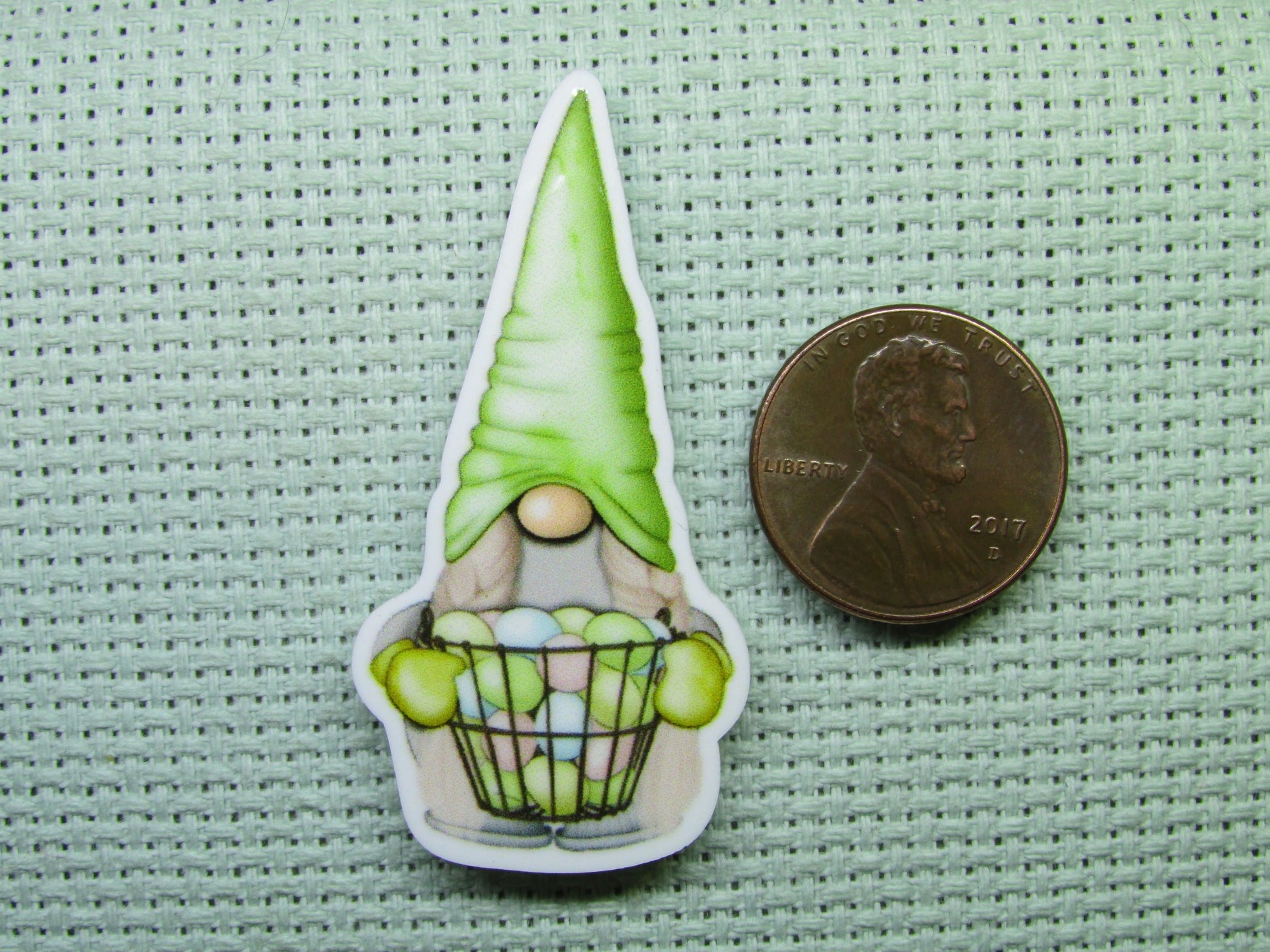 Second view of the Green Gnome with A Basket Full of Easter Eggs Needle Minder