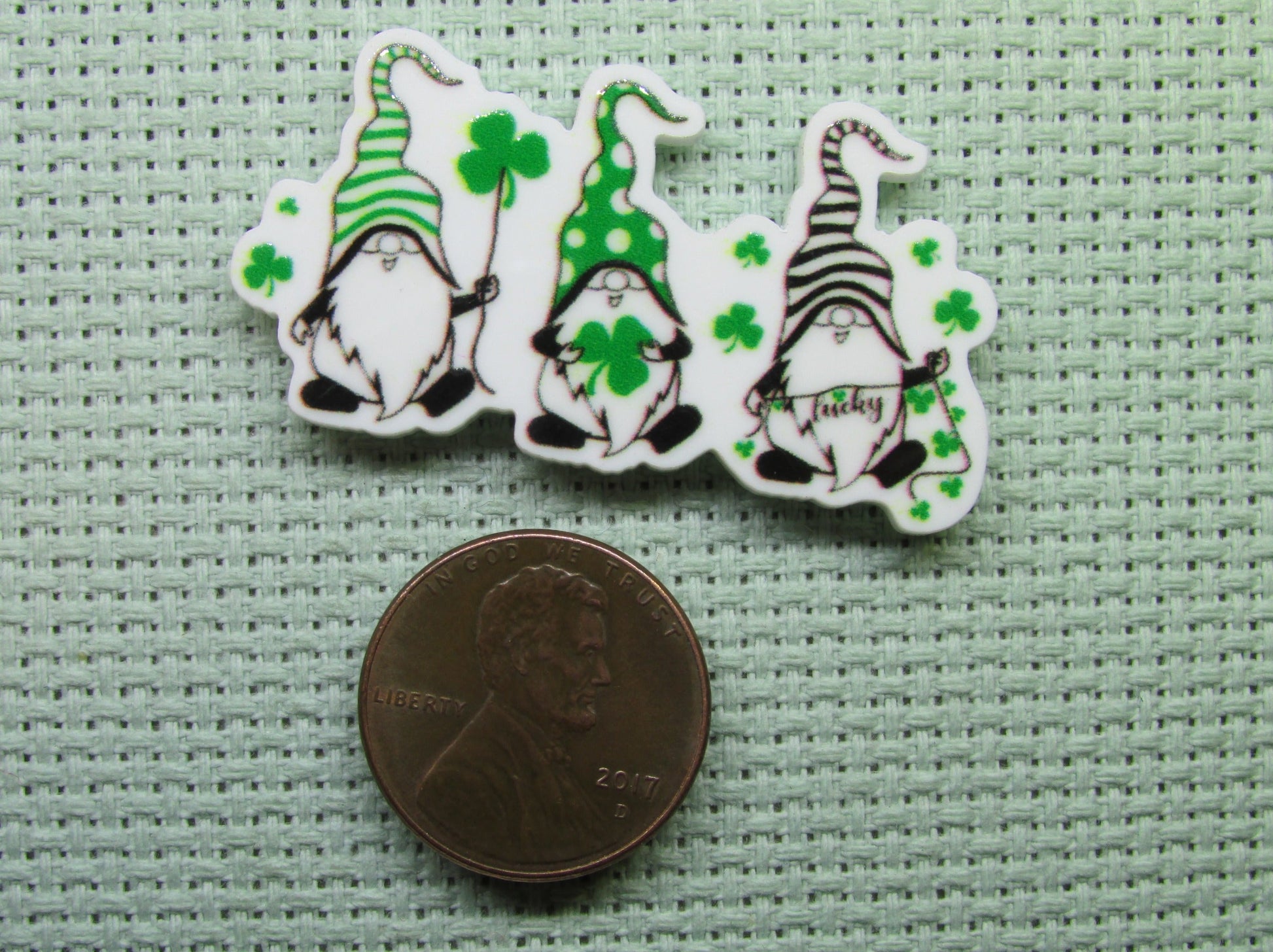 Second view of the Trio of Lucky Shamrock Gnomes Needle Minder