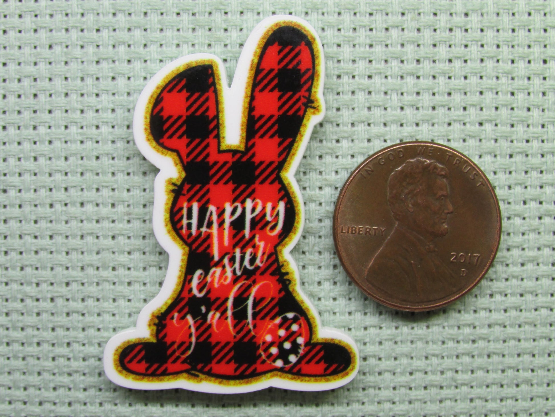 Second view of the Red and Black Checkered Easter Bunny Needle Minder