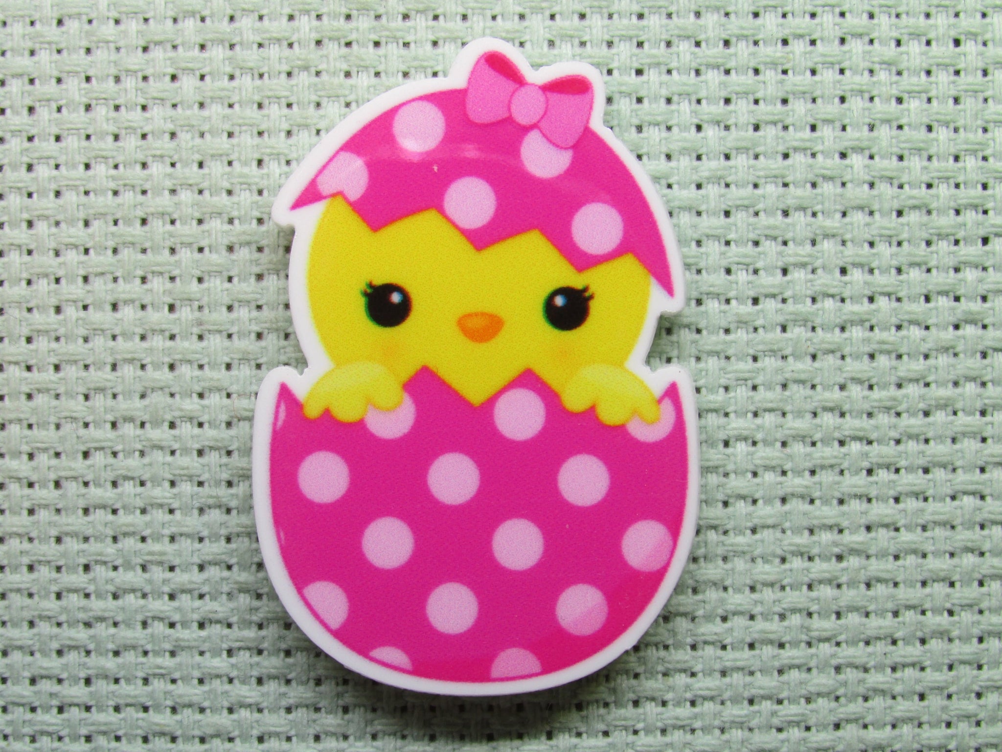 First view of the Cute Chick Peeking Out of a Pink Polka Dot Easter Egg Needle Minder