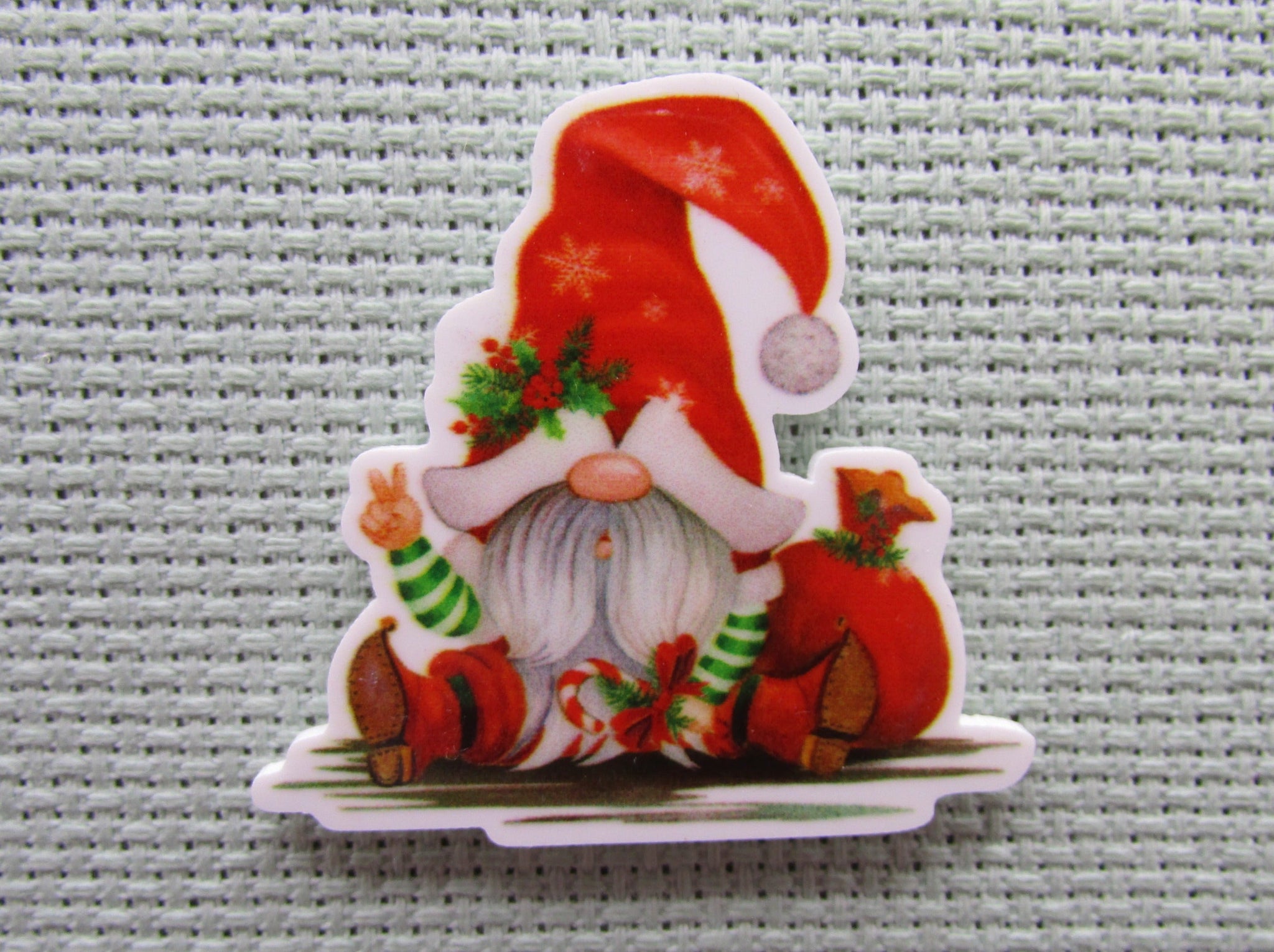 First view of the Christmas Gnome with a Bag of Goodies Needle Minder