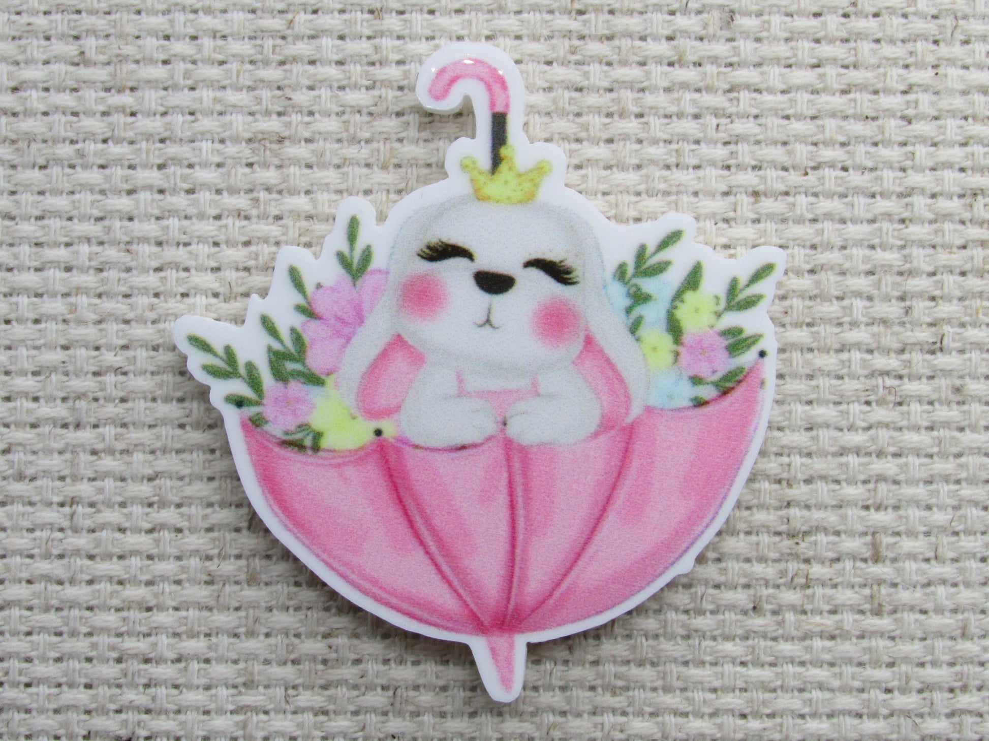 First view of the Bunny in a Pink Umbrella Needle Minder