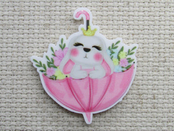 First view of the Bunny in a Pink Umbrella Needle Minder