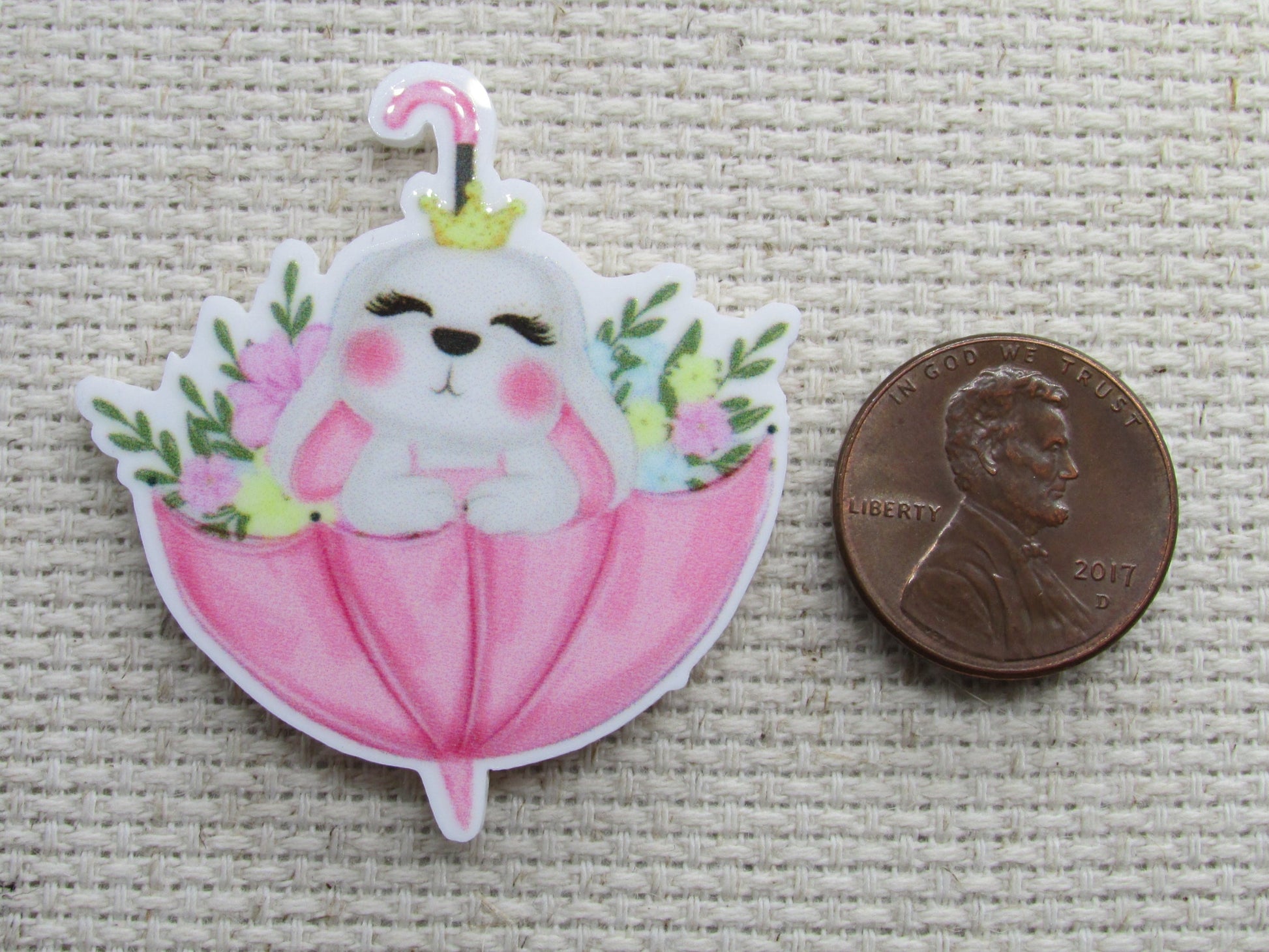 Second view of the Bunny in a Pink Umbrella Needle Minder