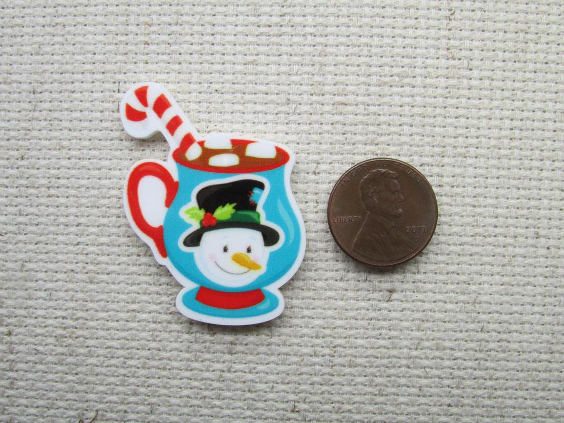 First view of the Snowman Mug of Cocoa with a Candy Cane Needle Minder