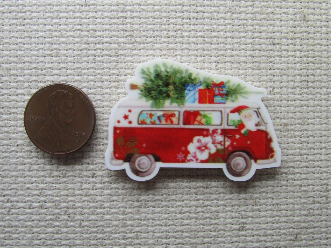First view of the Santa Driving a Christmas Van Loaded with Gifts and Topped off with a Tree Needle Minder, Cover Minder, Magnets 