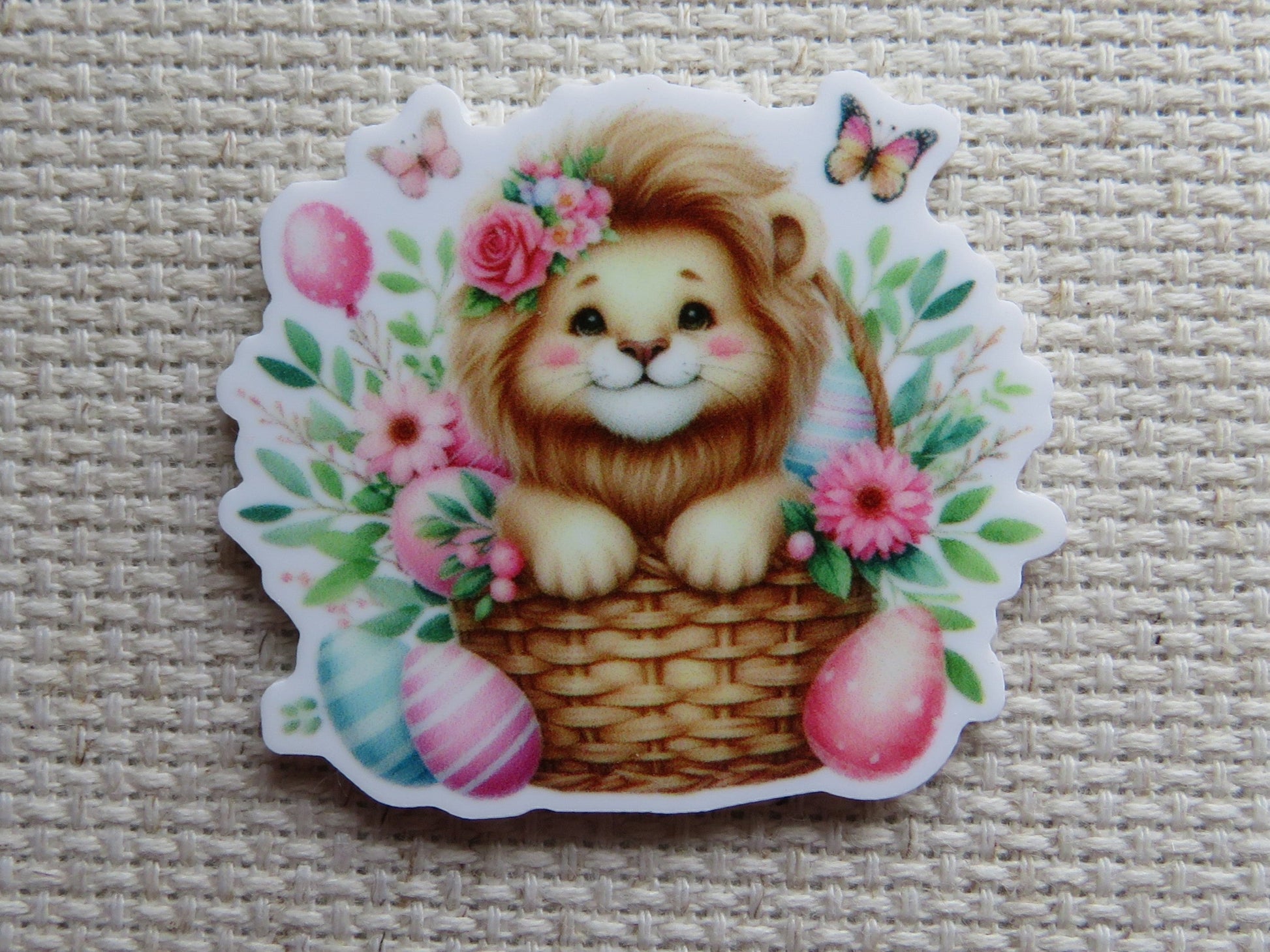 First view of Lion in an Easter Basket Needle Minder.