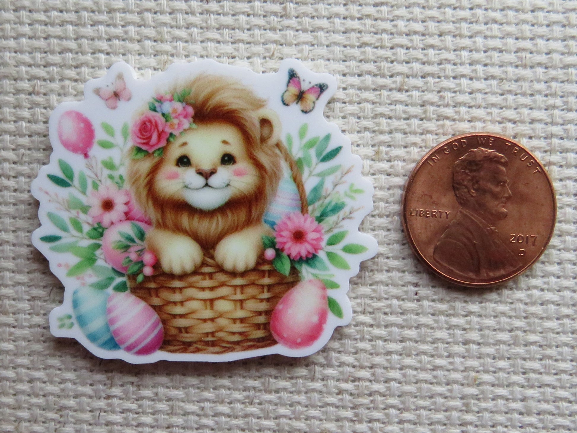 Second view of Lion in an Easter Basket Needle Minder.