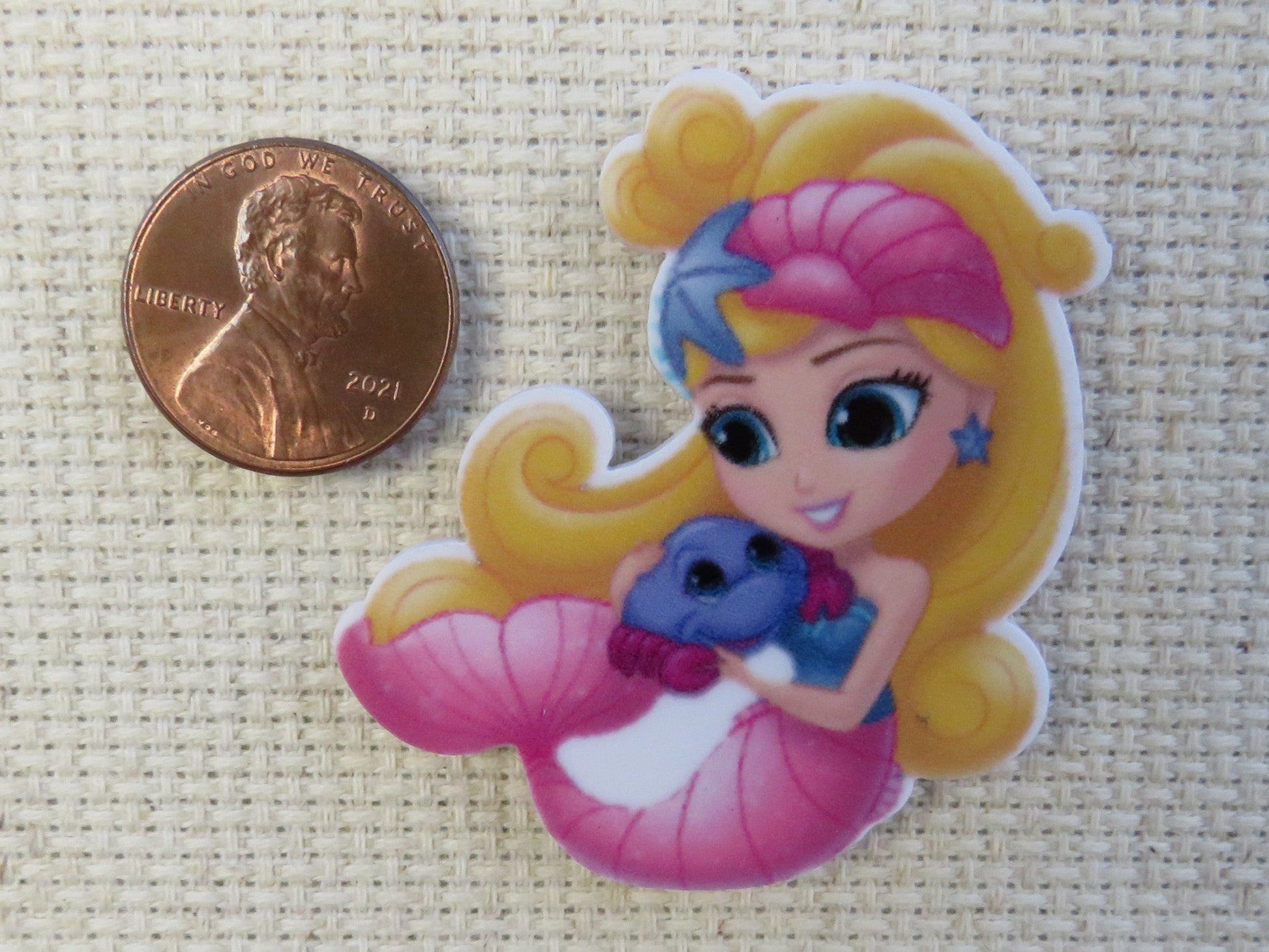 Second view of Pink Mermaid with a Crab Friend Needle Minder.