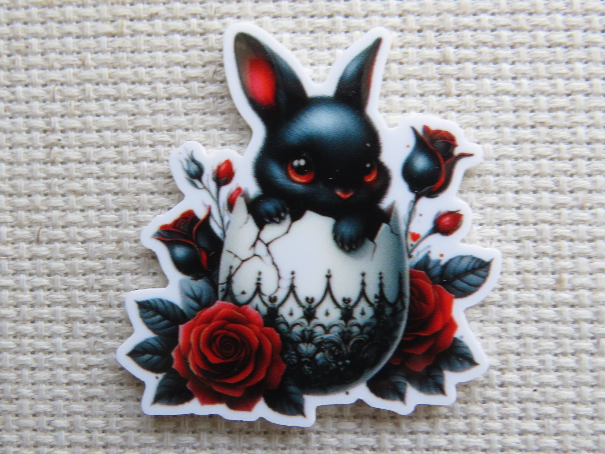 First view of Black Easter Bunny in an Eggshell Needle Minder.