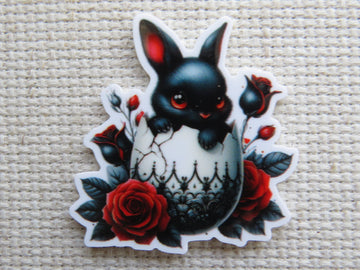 First view of Black Easter Bunny in an Eggshell Needle Minder.