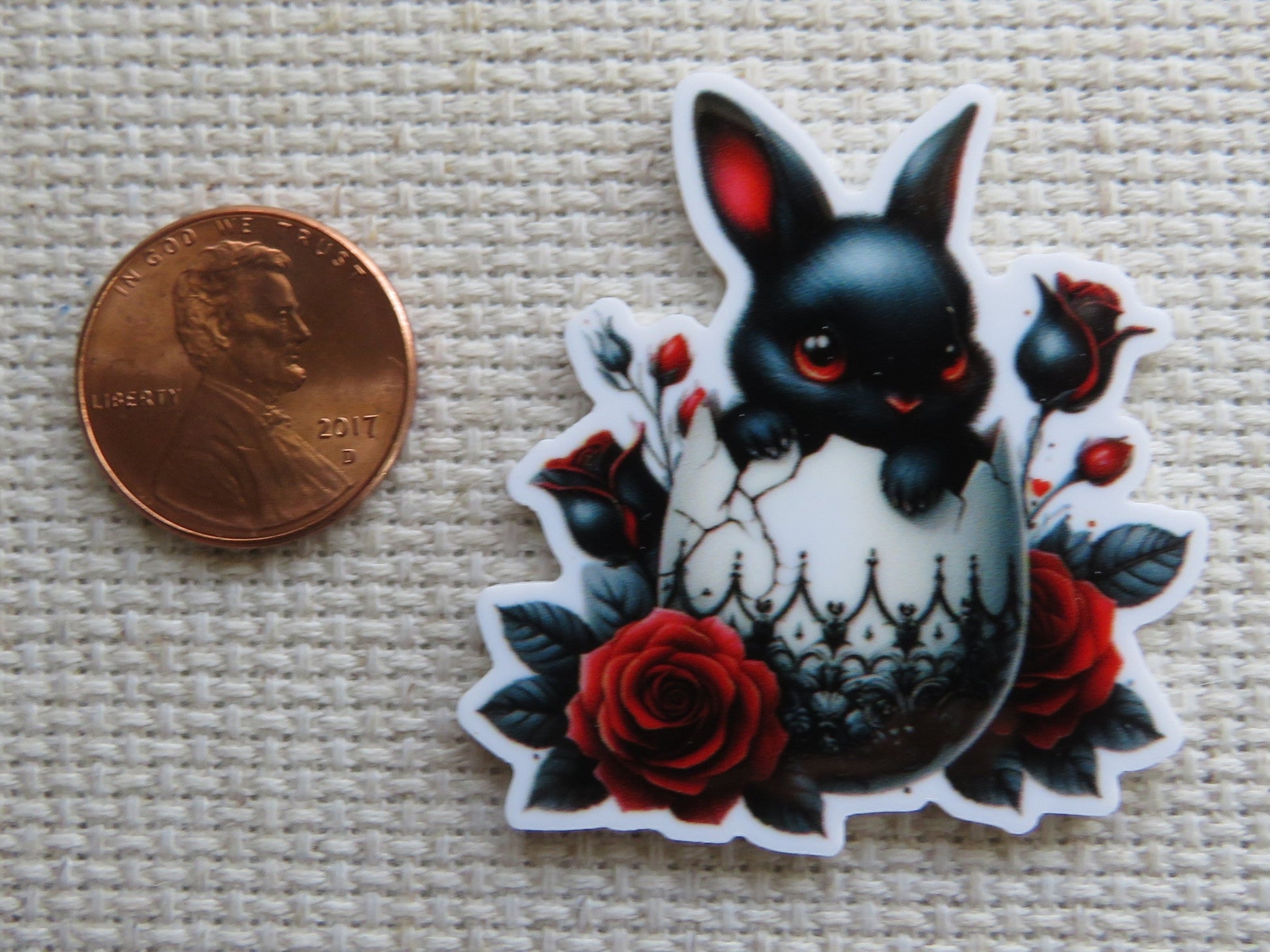 Second view of Black Easter Bunny in an Eggshell Needle Minder.